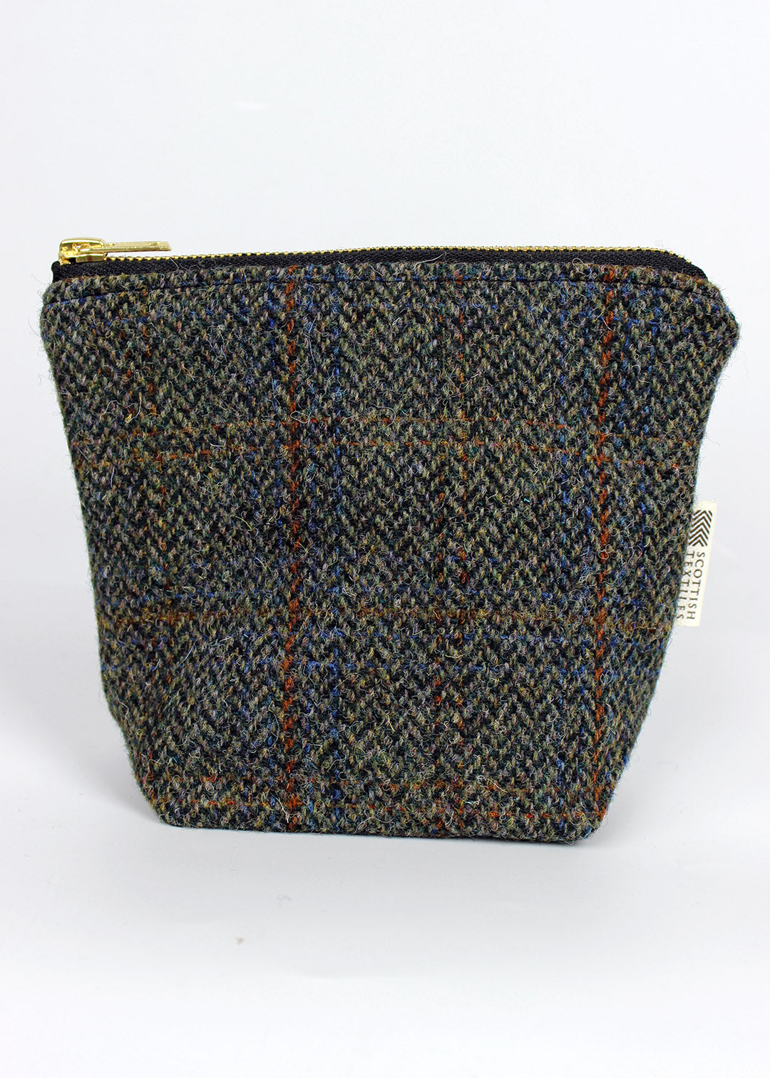 useful multi purpose bag made in store using a beautiful brown herringbone Harris Tweed with rust and blue overcheck