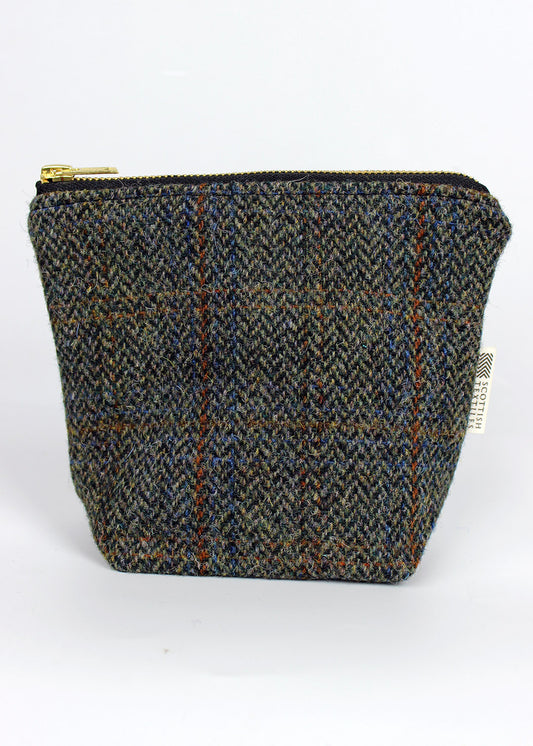 useful multi purpose bag made in store using a beautiful brown herringbone Harris Tweed with rust and blue overcheck