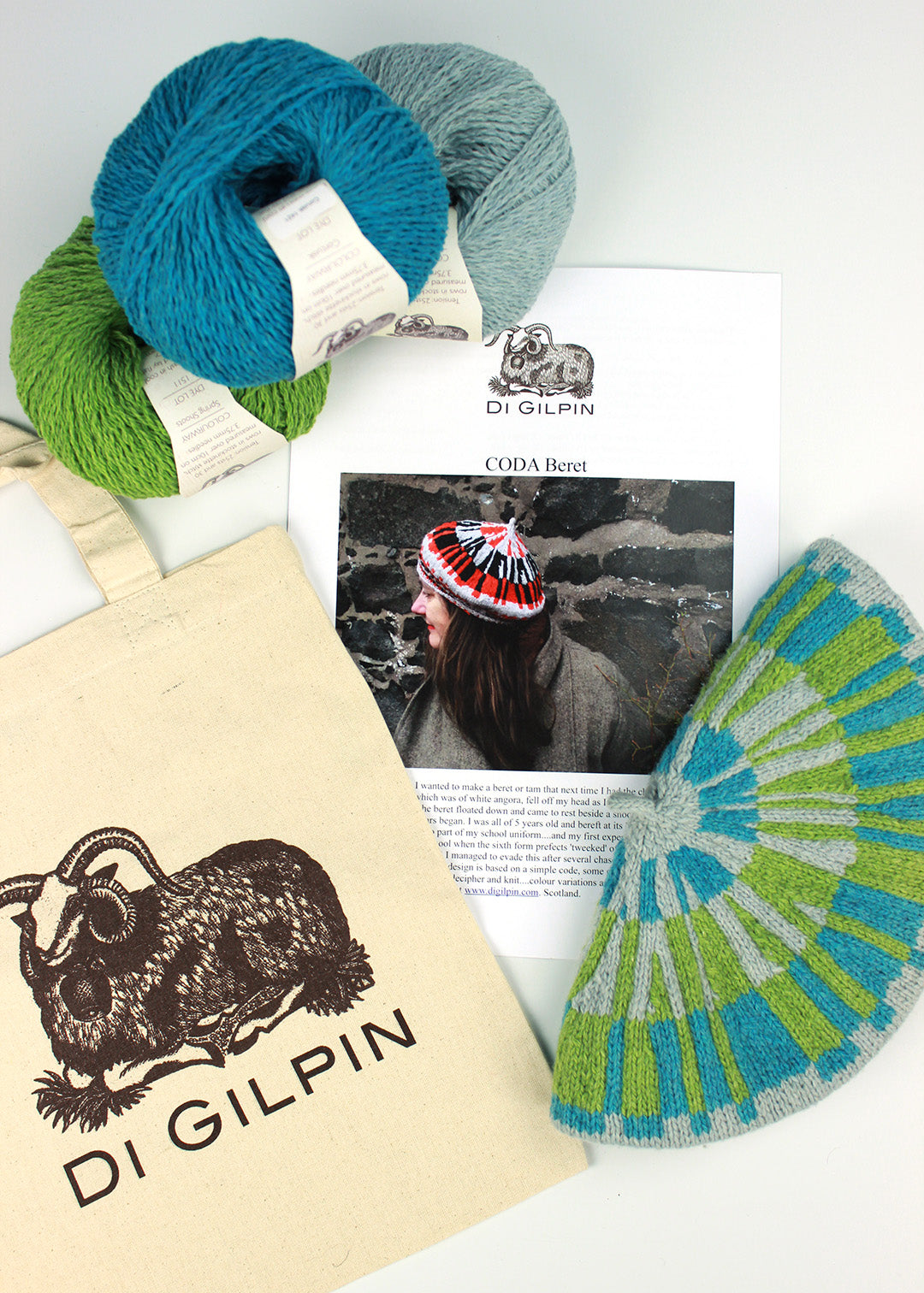 Coda Beret knitting pattern with wool, bag and sample. Scottish Textile Showcase.