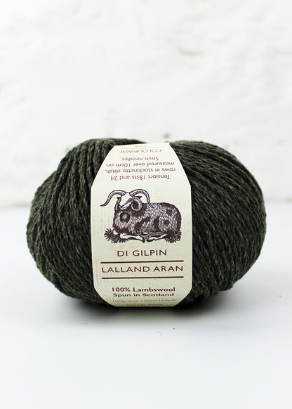 Aran weight pure lambswool yarn in shade Oak which is a subtle blend of khaki green and blue-grey