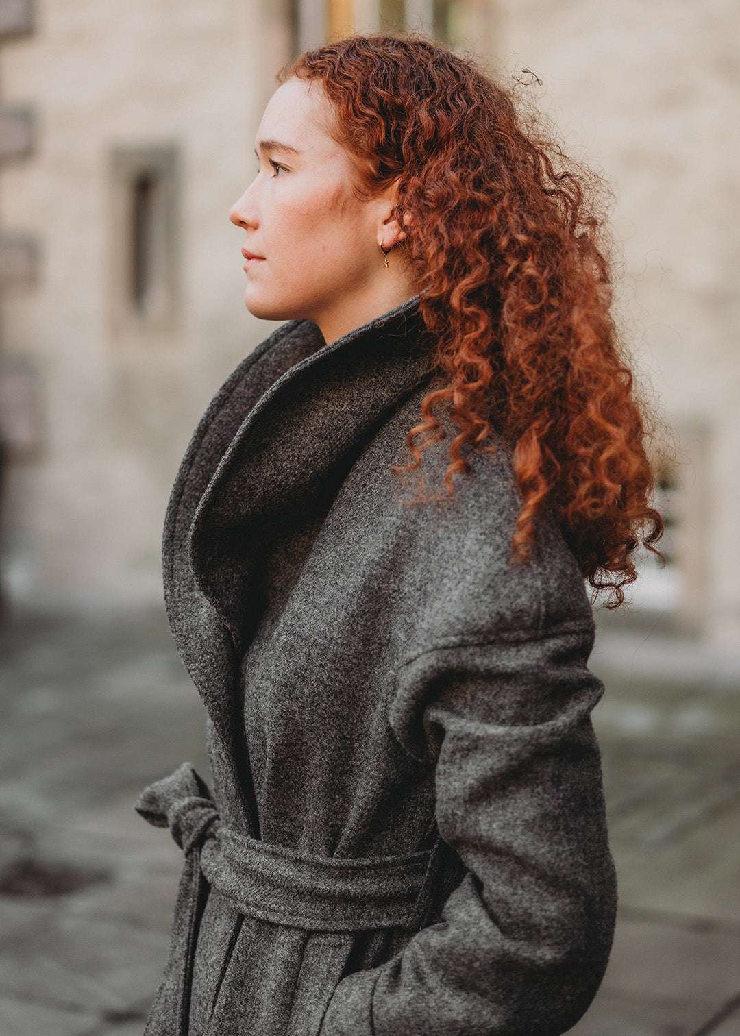 Harris Tweed cora coat in callanish grey shown on model. 