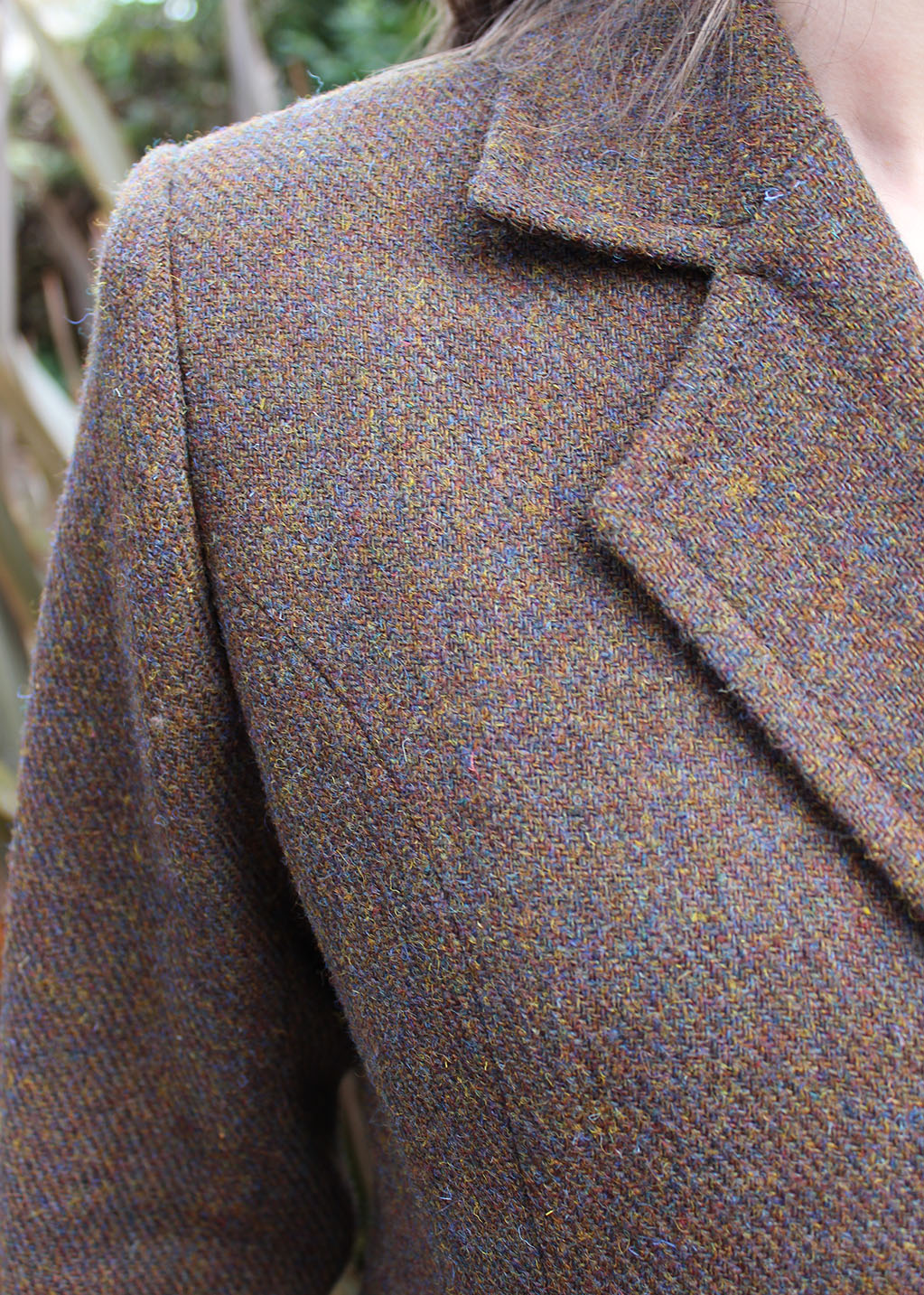 Harris Tweed coat in Ellen style in brown hazel tweed. Scottish Textiles Showcase.