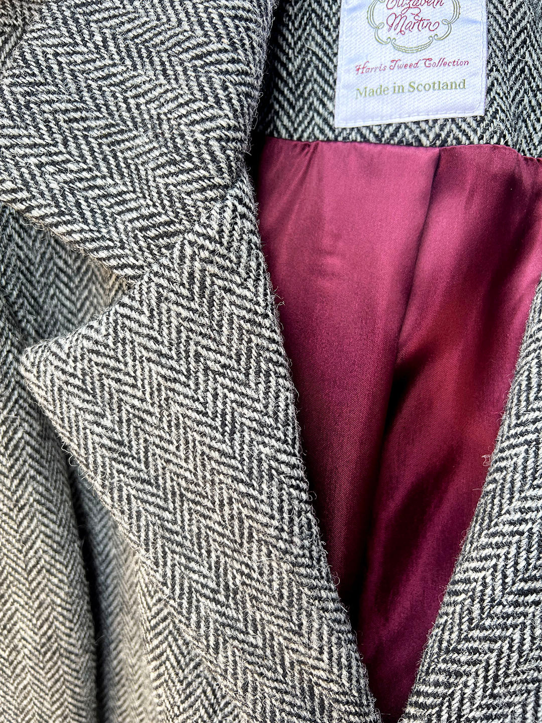 Mens Harris tweed coat in grey herringbone, Scottish textiles showcase