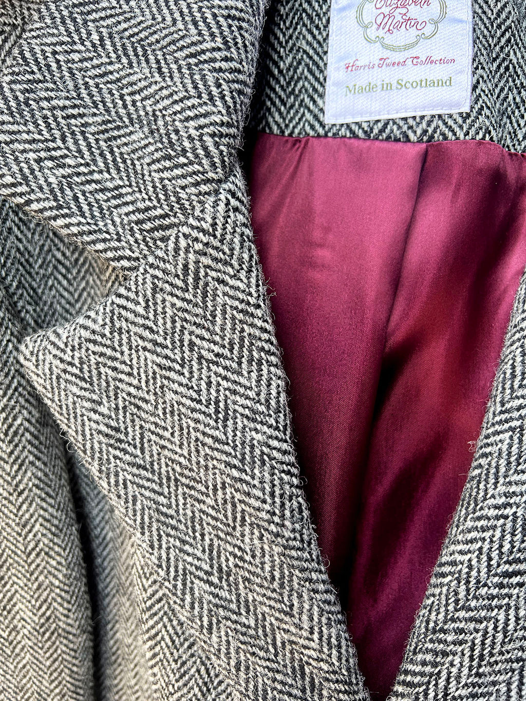 Men's Harris tweed coat in grey herringbone, Scottish textiles showcase