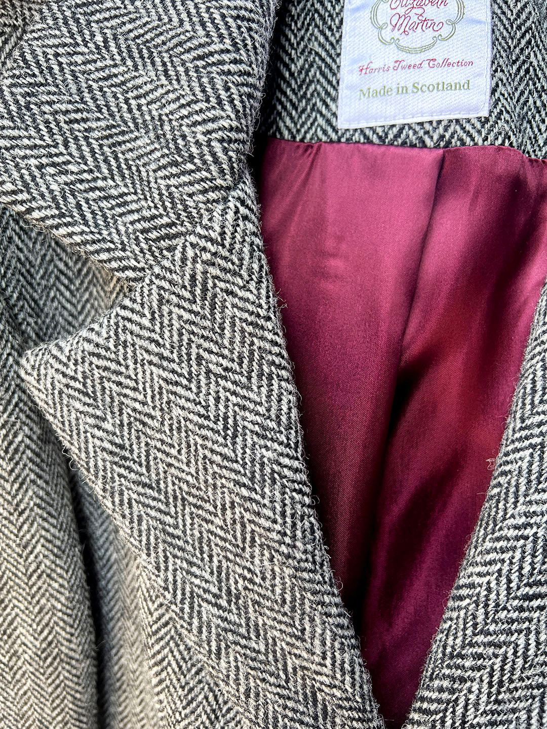 Men's Harris tweed coat in grey herringbone, Scottish textiles showcase