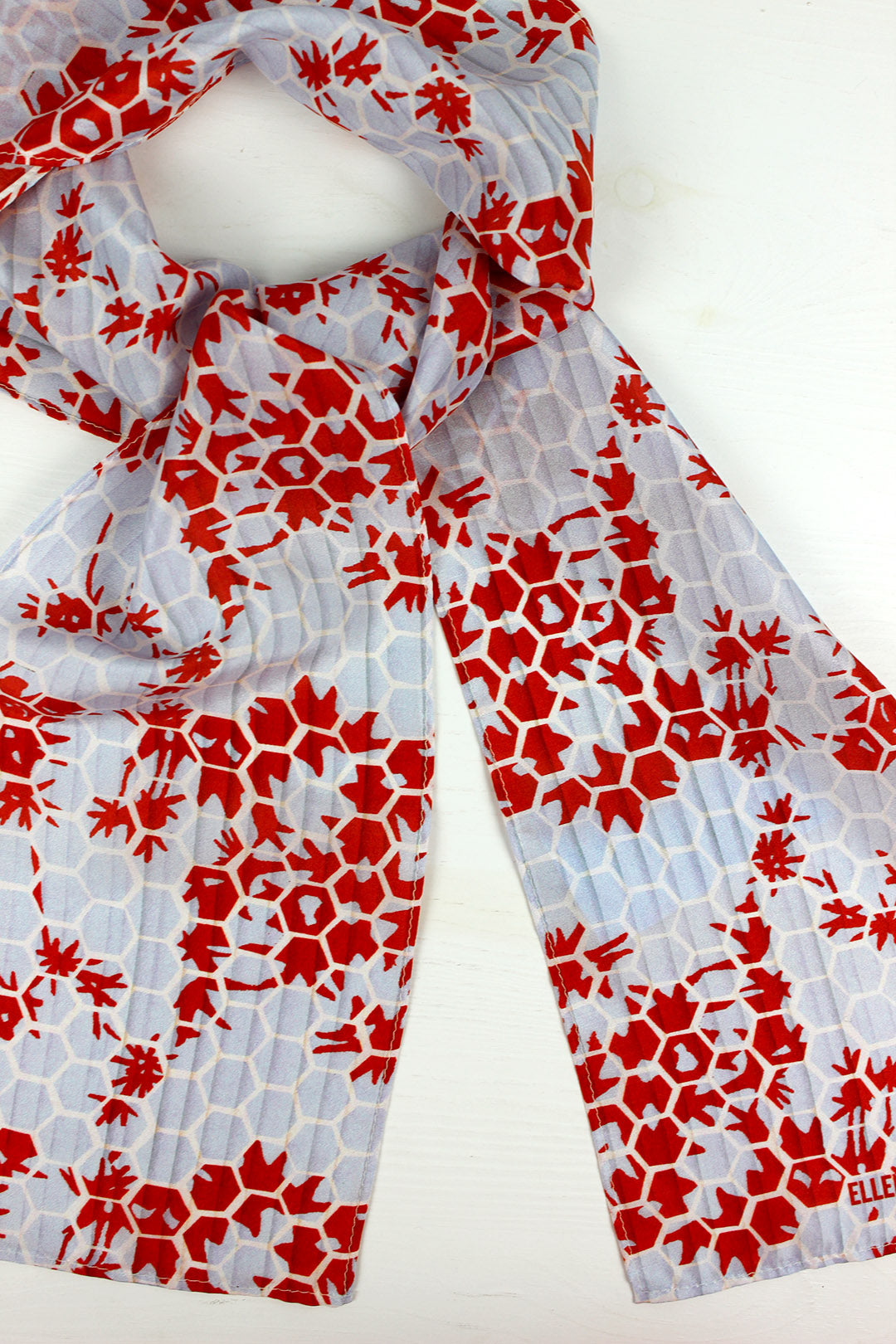 100% silk skinny width scarf digitally printed in Glasgow with Kyoto design by Ellen Martin. Scottish Textiles Showcase.