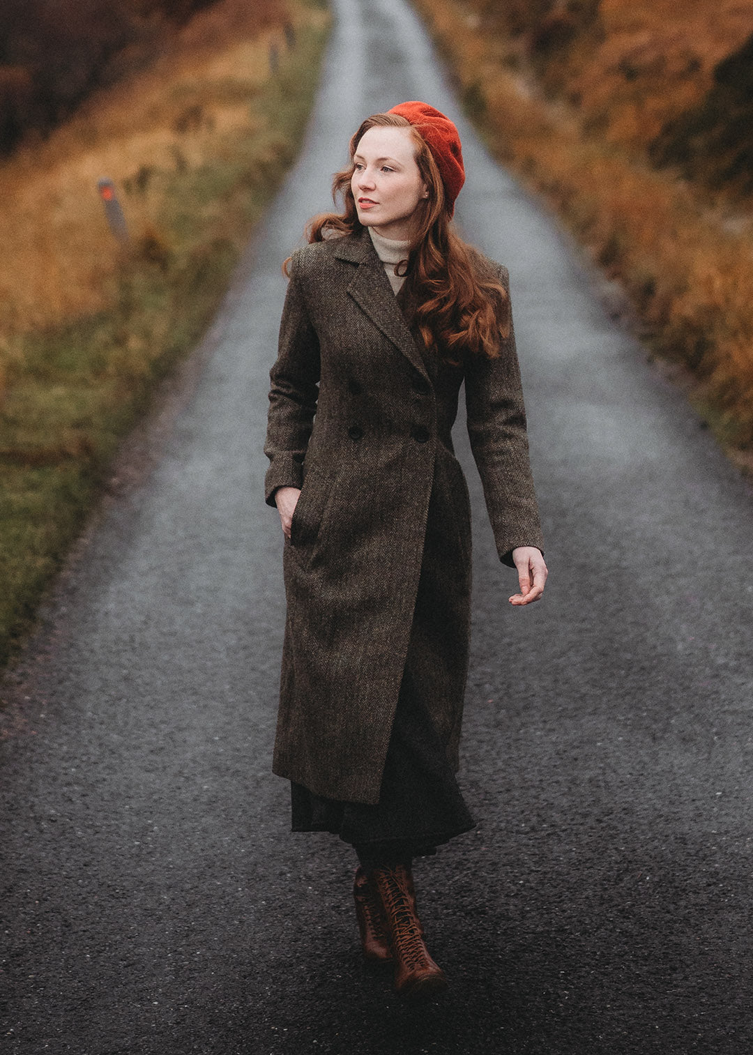 Harris Tweed Ellen coat in Autumn Herringbone photographed in Glencoe. Scottish Textiles Showcase.