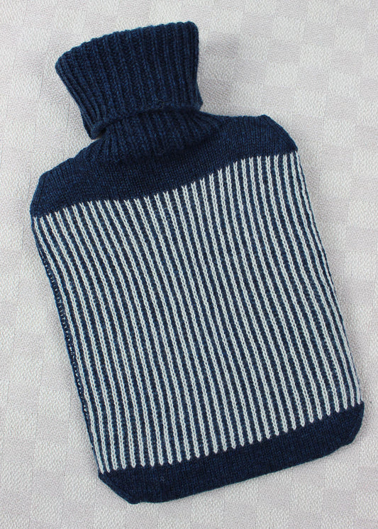Striped hot water bottle cover in ocean blue.