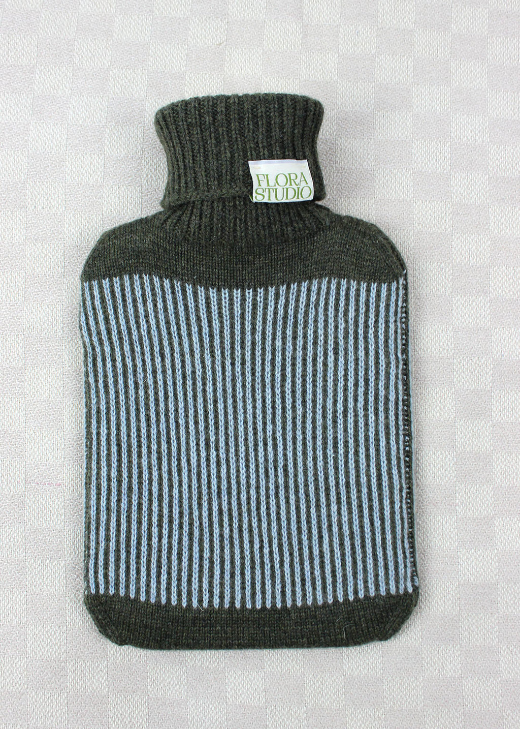 Stripe hot water bottle in olive.