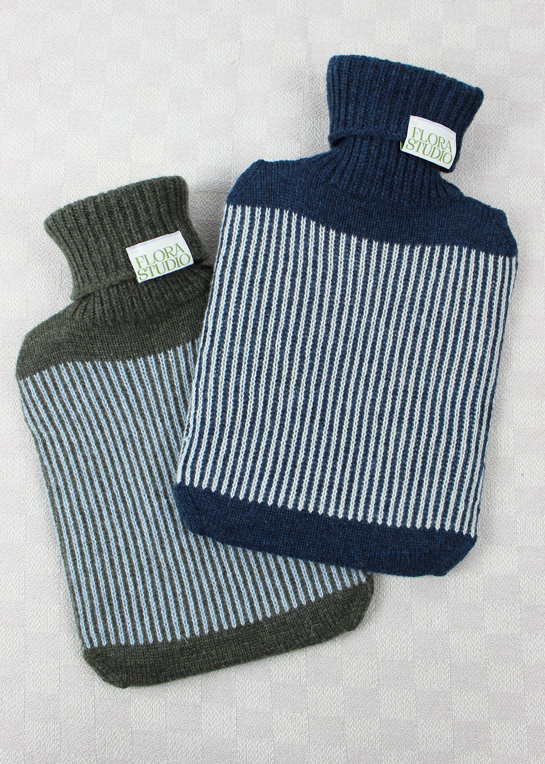 Stripe hot water bottle in olive and ocean.