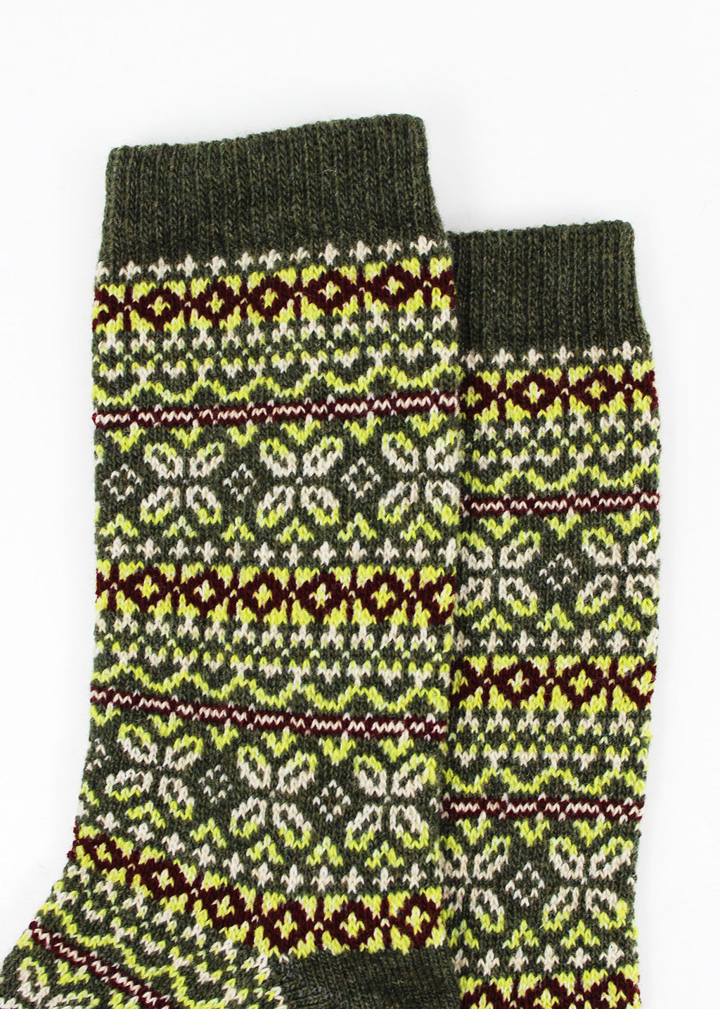 Green Fair Isle lambswool socks, exclusive to Scottish Textiles Showcase, knitted in Scotland.