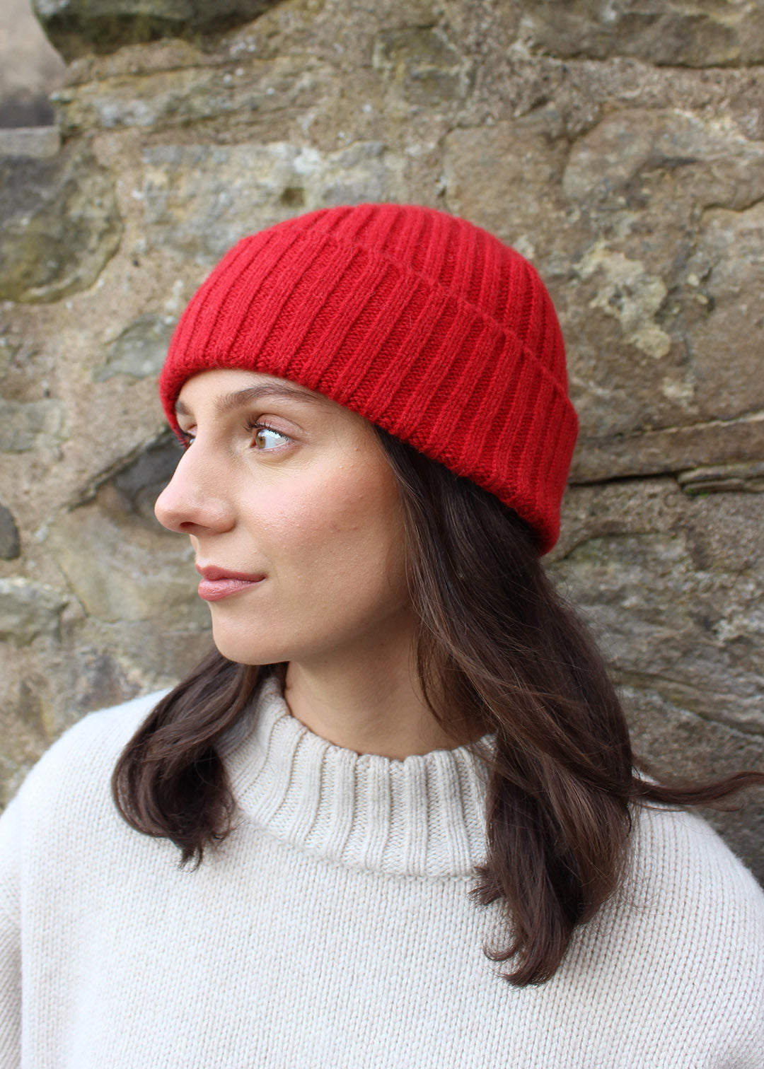 Lambswool and alpaca ribbed red beanie. Scottish Textiles Showcase.