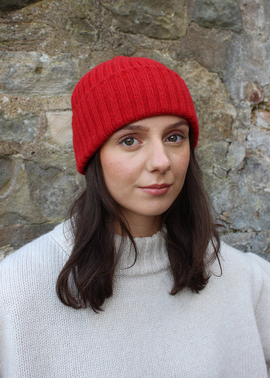 Lambswool and alpaca ribbed red beanie. Scottish Textiles Showcase.