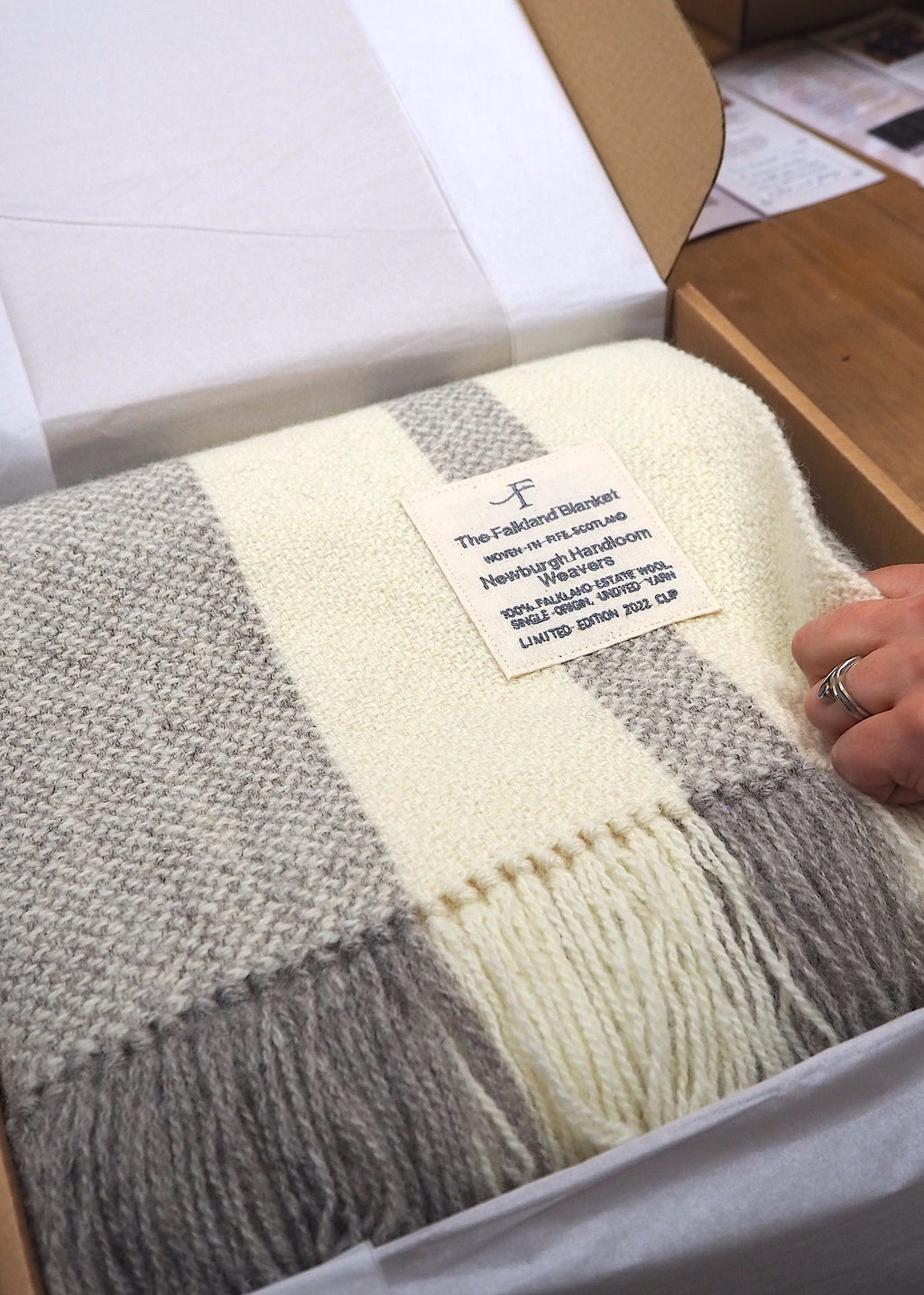 Falkland blanket in box with label.