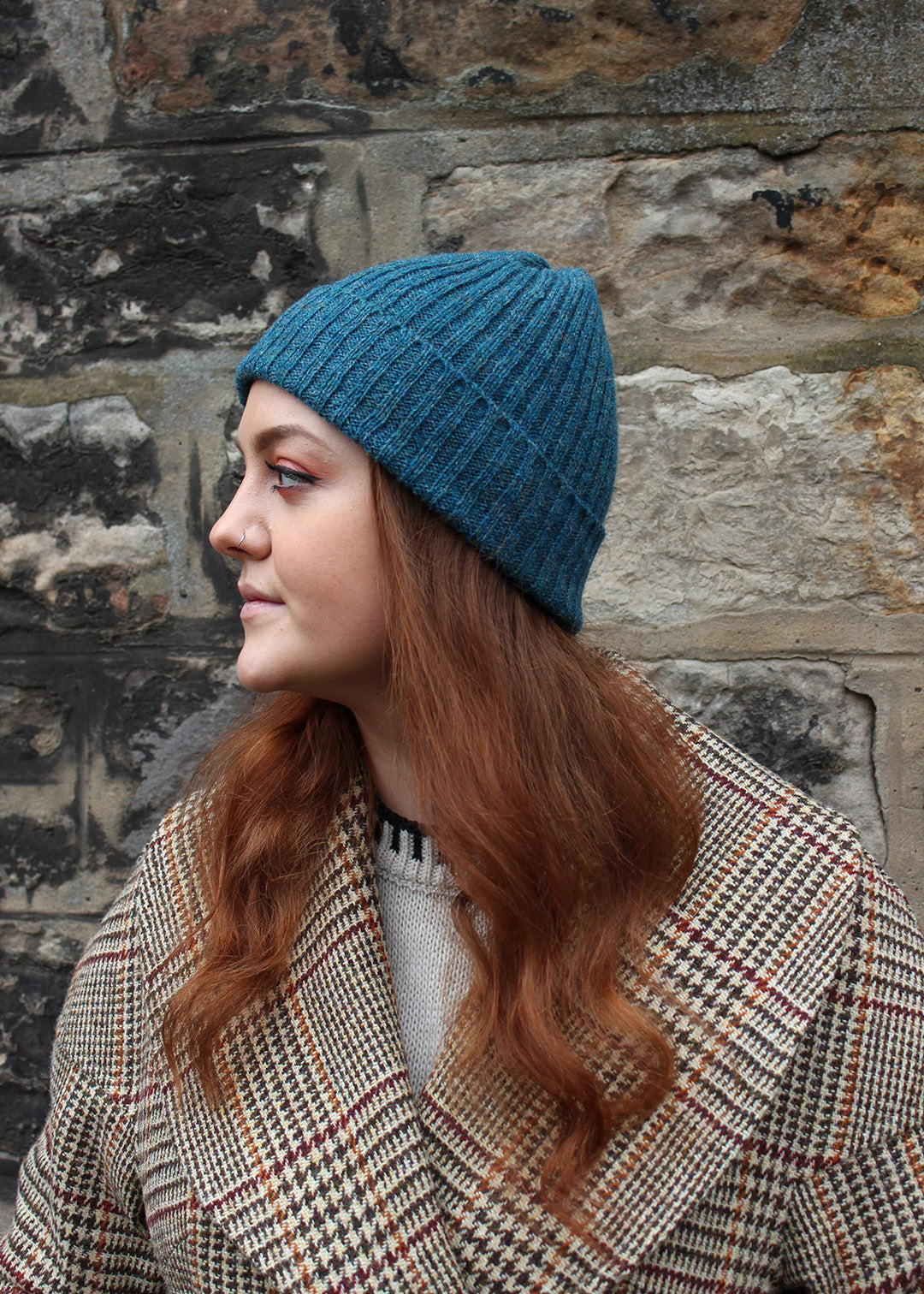 Knitted hat in British Wool Kingfisher Teal. Scottish Textiles Showcase.