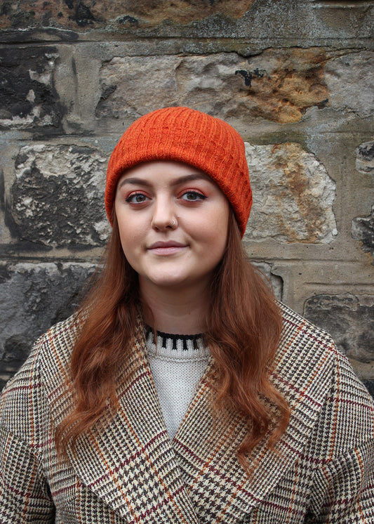 Knitted hat in British Wool Amber. Scottish Textiles Showcase.