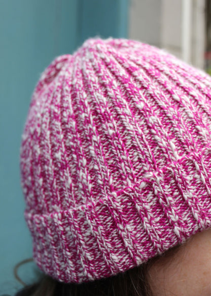 Fuchsia marl cashmere beanie. Scottish Textiles Showcase.