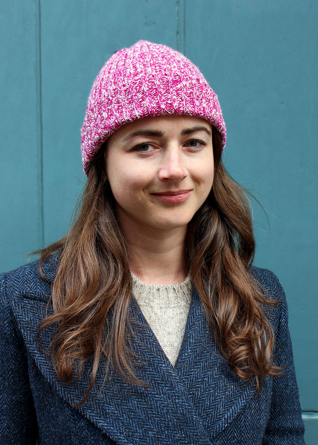 Fuchsia marl cashmere beanie. Scottish Textiles Showcase.
