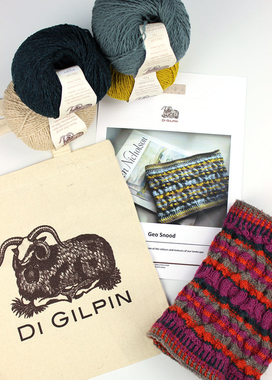Geo Snood knitting pattern with wool, bag and sample. Scottish Textile Showcase.
