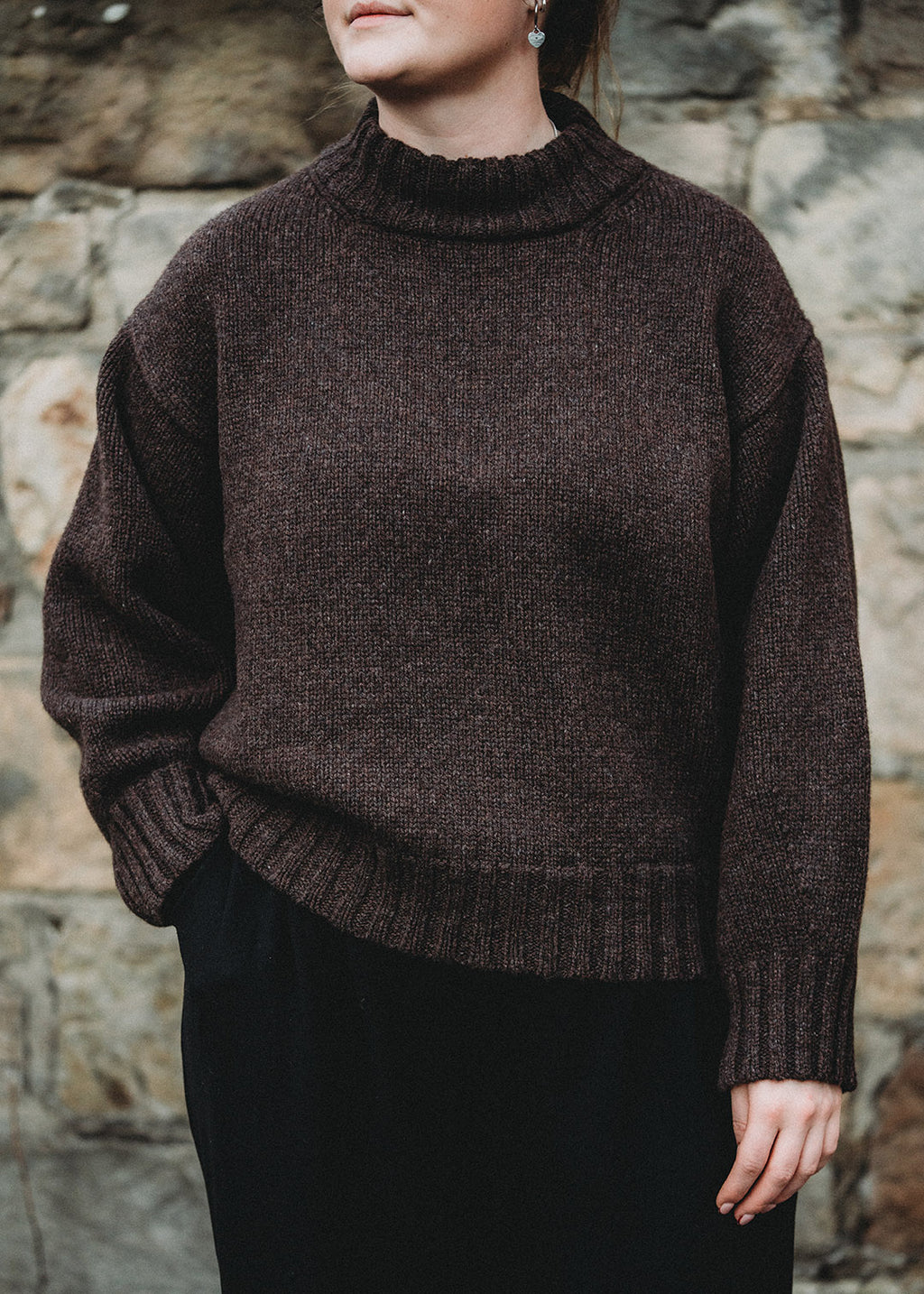 Lambswool porcupine jumper shown on model.