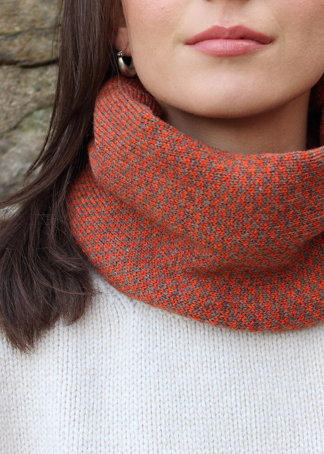 Lambswool neck warmer in chestnut and rust. Scottish Textiles Showcase.