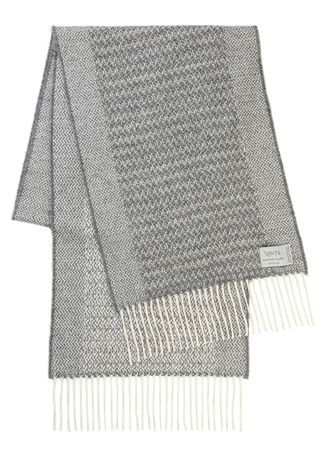 Un-dyed alpaca scarf in natural grey and off-white, woven in a harvest grain design.