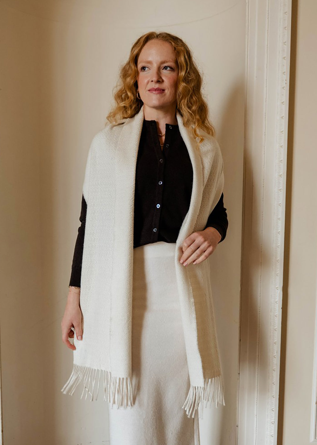 Un-dyed alpaca scarf in natural off-white, woven in a harvest grain design.