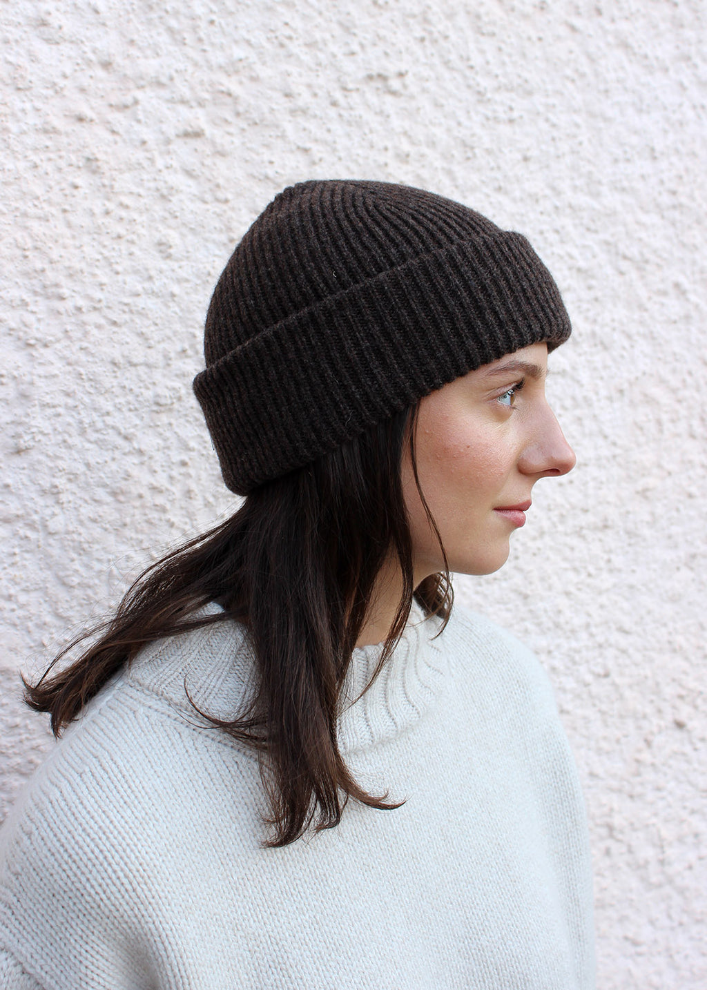Lambswool ribbed beanie in cocoa brown. Scottish Textiles Showcase.