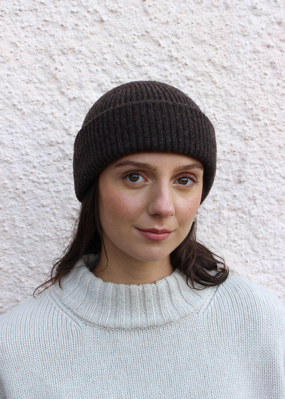 Lambswool ribbed beanie in cocoa brown. Scottish Textiles Showcase.