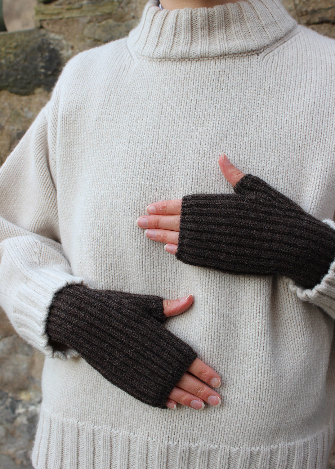 Lambswool fingerless mittens in cocoa brown. Scottish Textiles Showcase.
