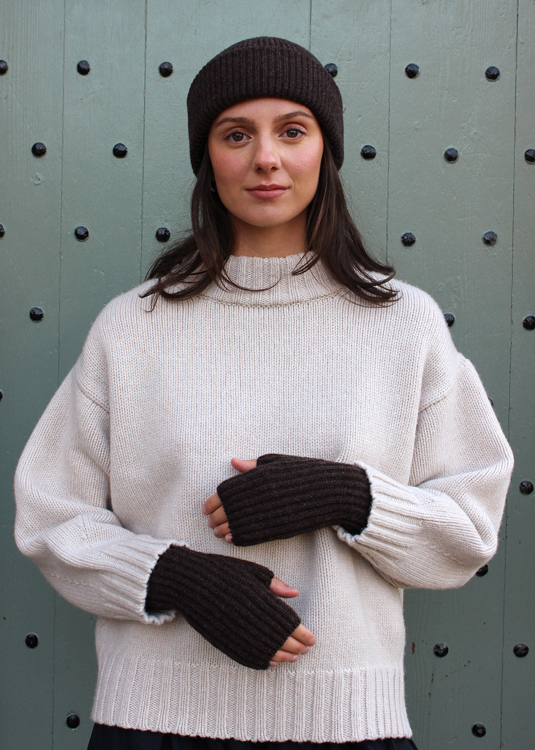 Lambswool fingerless mittens in cocoa brown. Scottish Textiles Showcase.