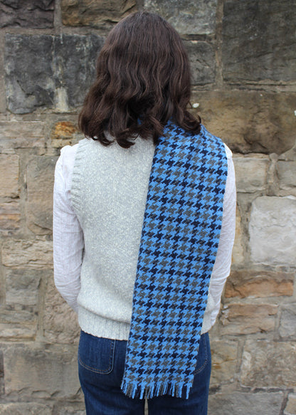 Cashmere deluxe blue scarf shown on model. Scottish Textiles Showcase.