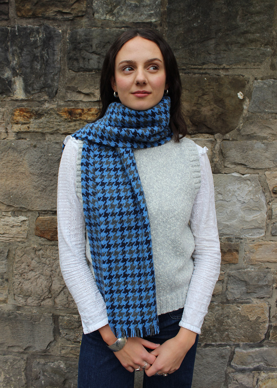 Cashmere deluxe blue scarf shown on model. Scottish Textiles Showcase.