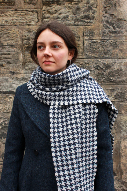 Houndstooth navy scarf made from 100% cashmere. Scottish Textiles Showcase.
