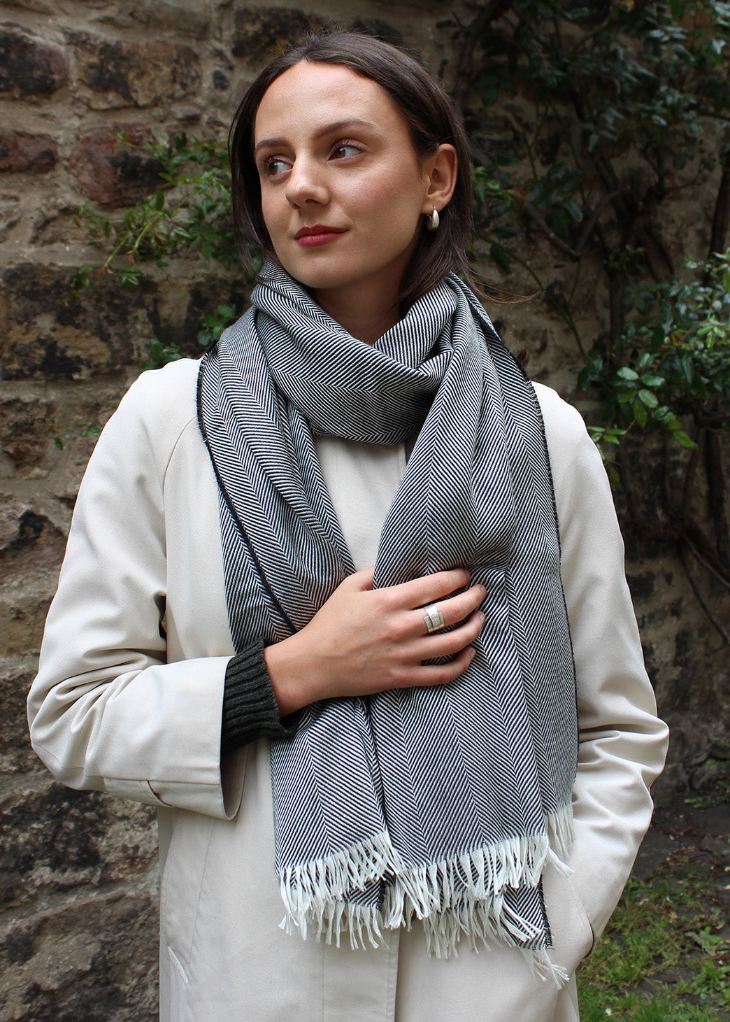 Silk and cashmere stole in graphite and white herringbone. 