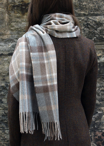 Wide cashmere scarf in a neutral Mackellar tartan. Scottish Textiles Showcase.