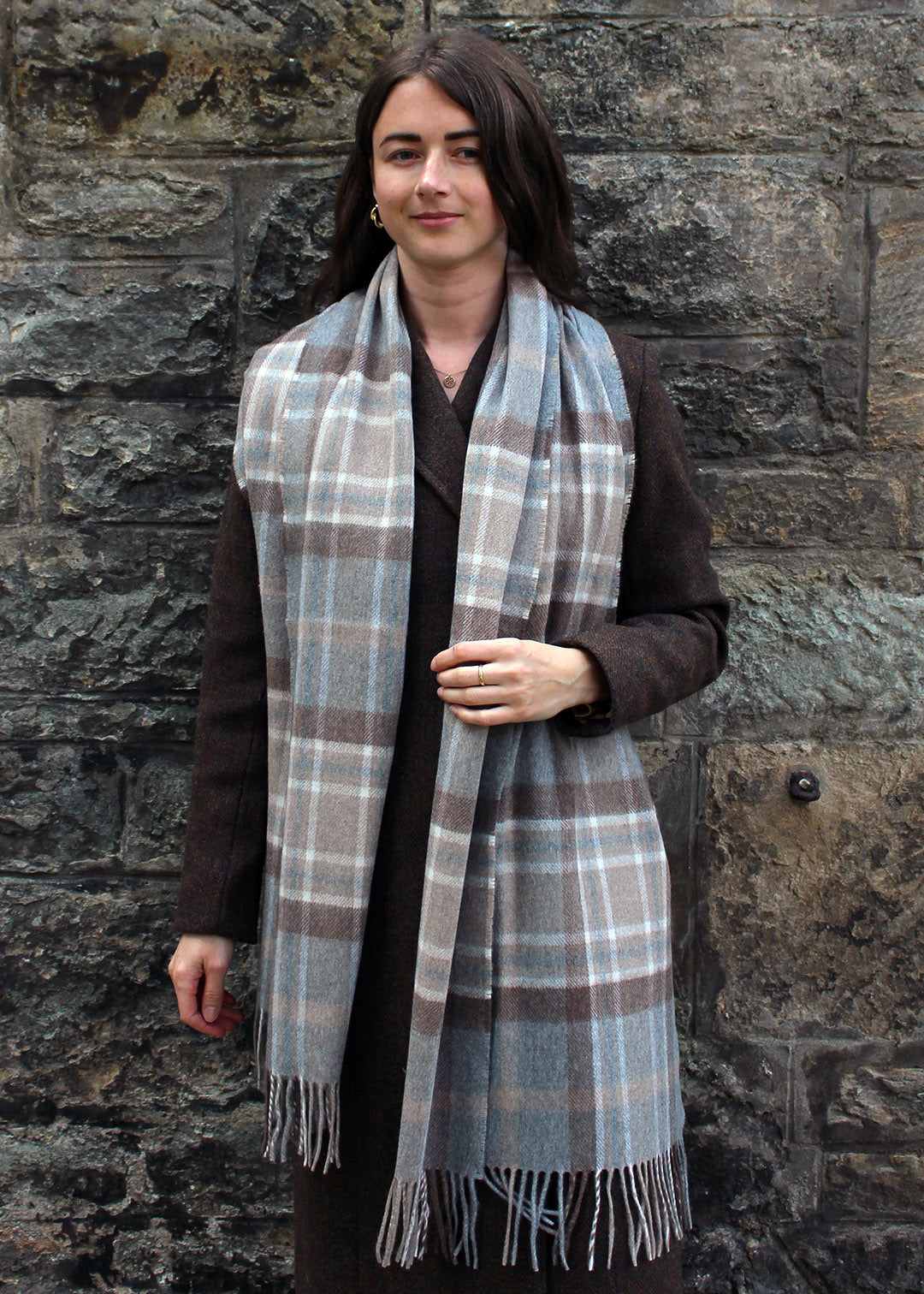 Wide cashmere scarf in a neutral Mackellar tartan. Scottish Textiles Showcase.