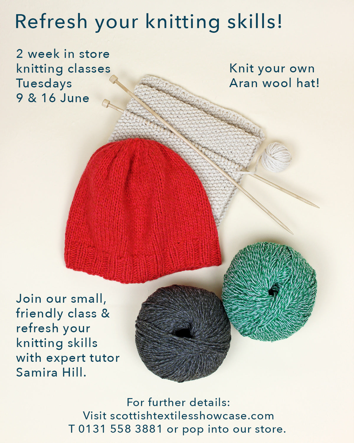 Refresher knitting classes in Edinburgh poster.