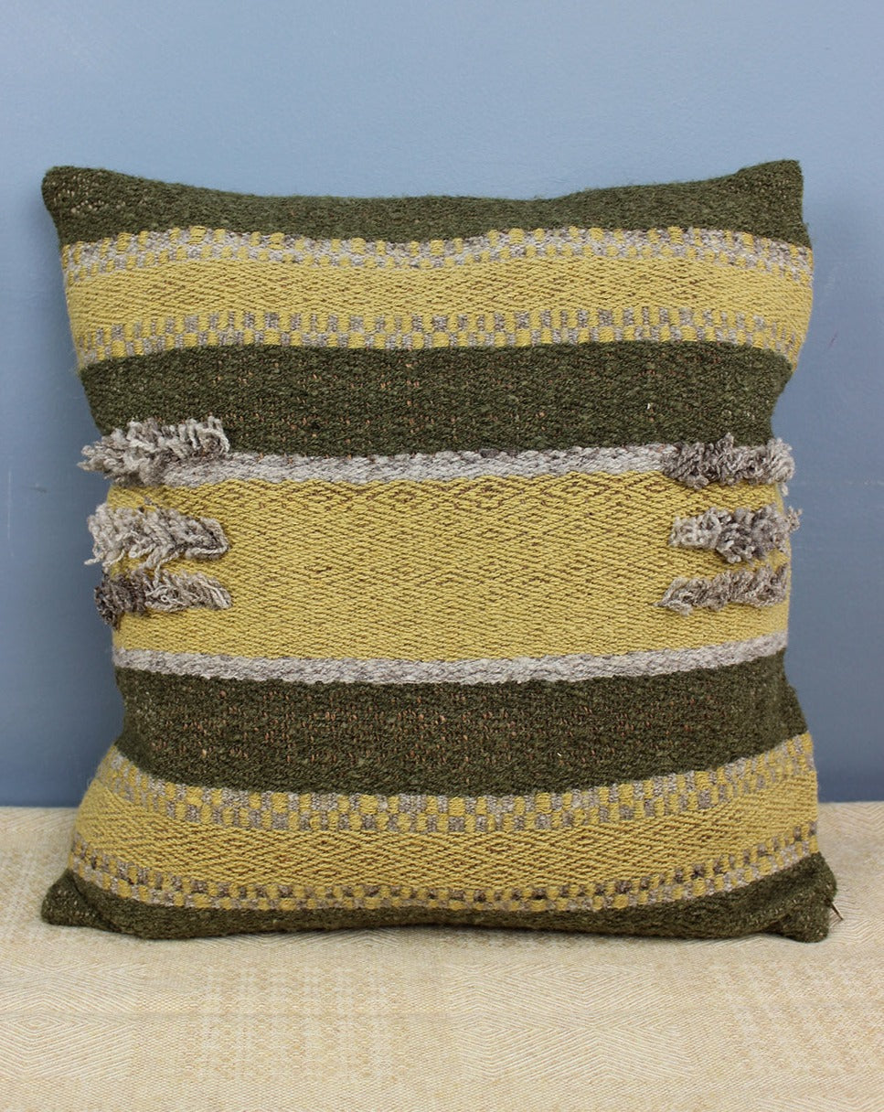 Handwoven cushion with green and yellow stripes. Scottish Textiles Showcase.
