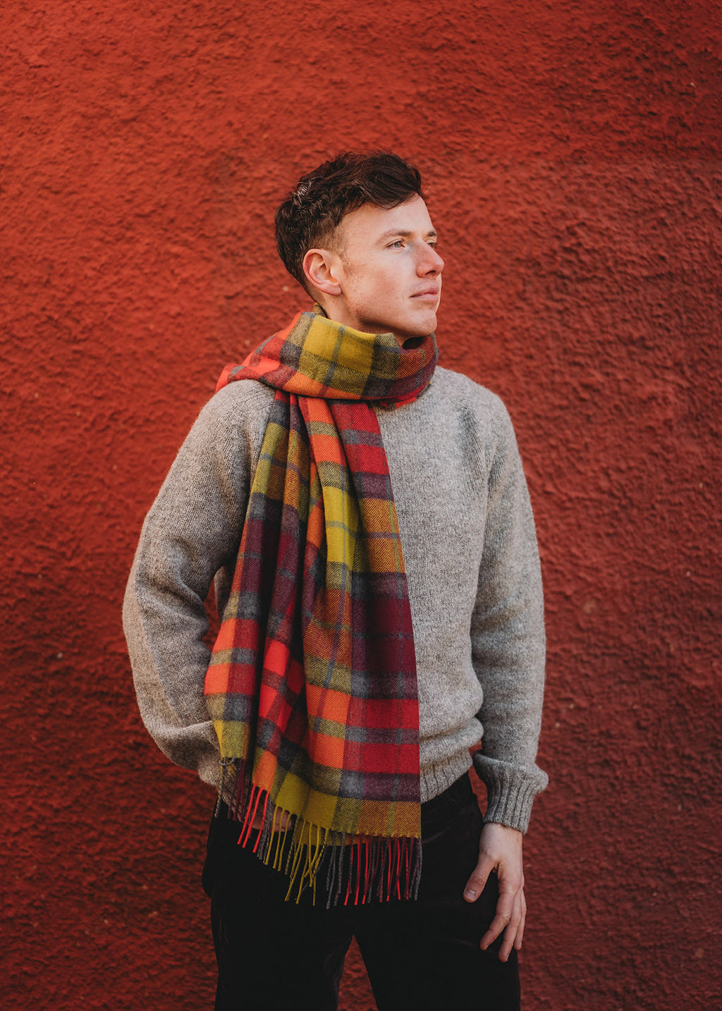 Lambswool tartan blanket stole in Buchanan Berry tartan. 