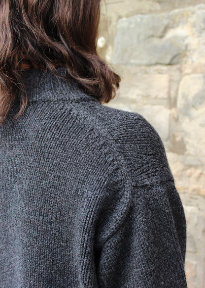 Lambswool charcoal chunky jumper shown on model. Scottish Textiles Showcase.