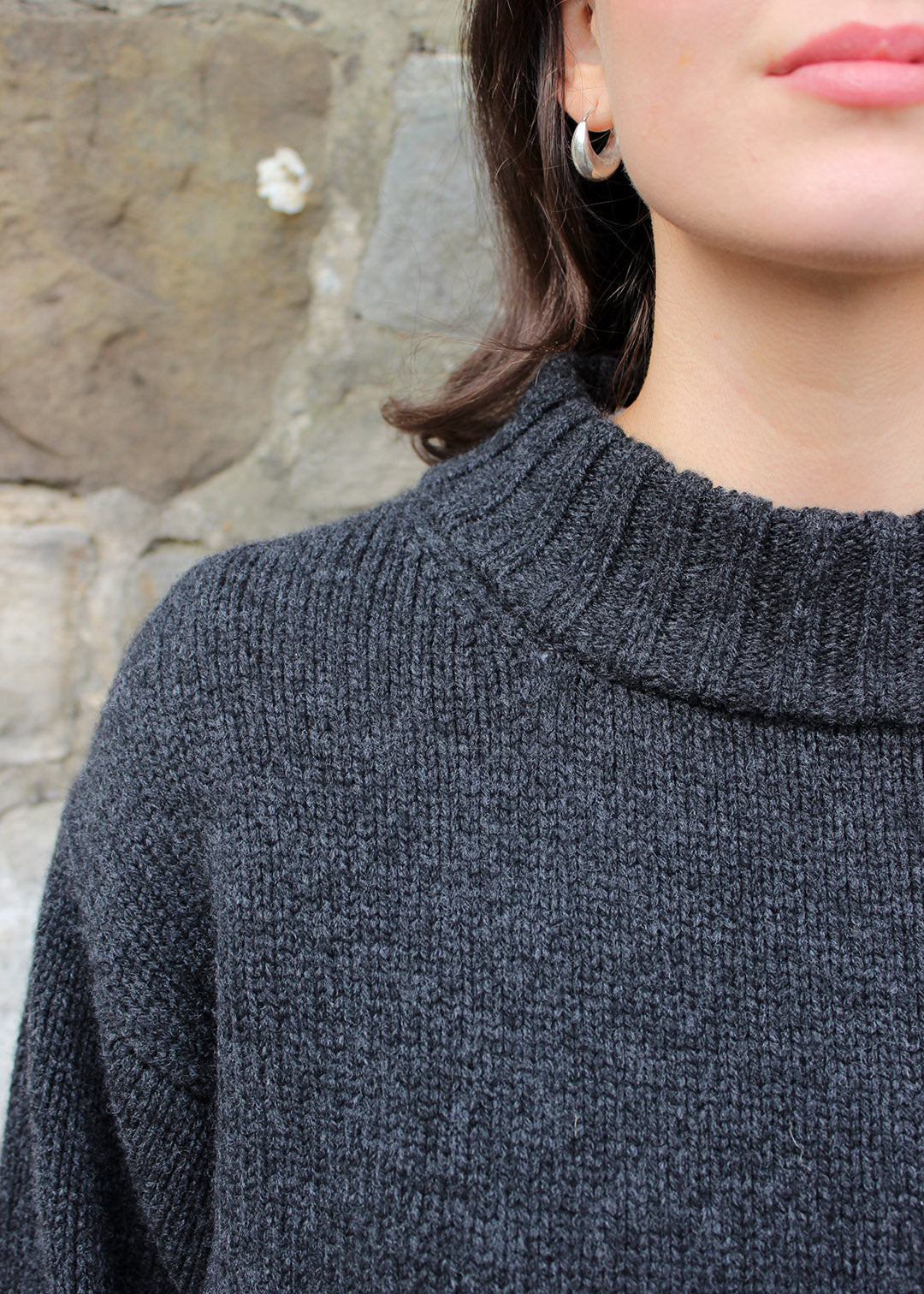 Lambswool charcoal chunky jumper shown on model. Scottish Textiles Showcase.