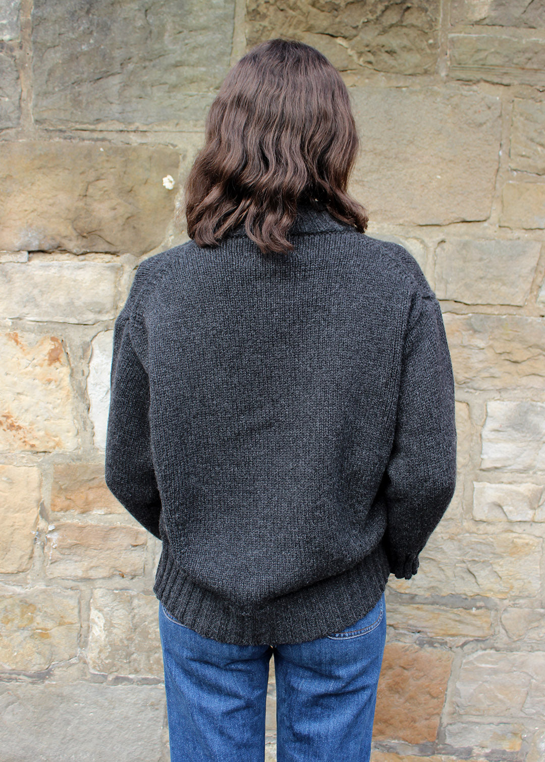 Lambswool charcoal chunky jumper shown on model. Scottish Textiles Showcase.