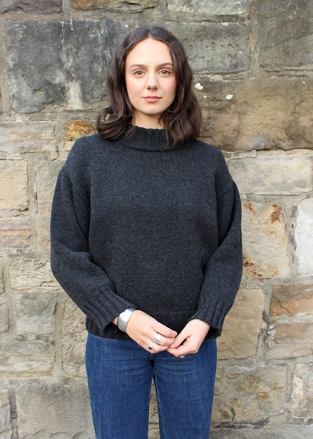 Lambswool chunky jumper shown on model. Scottish Textiles Showcase.