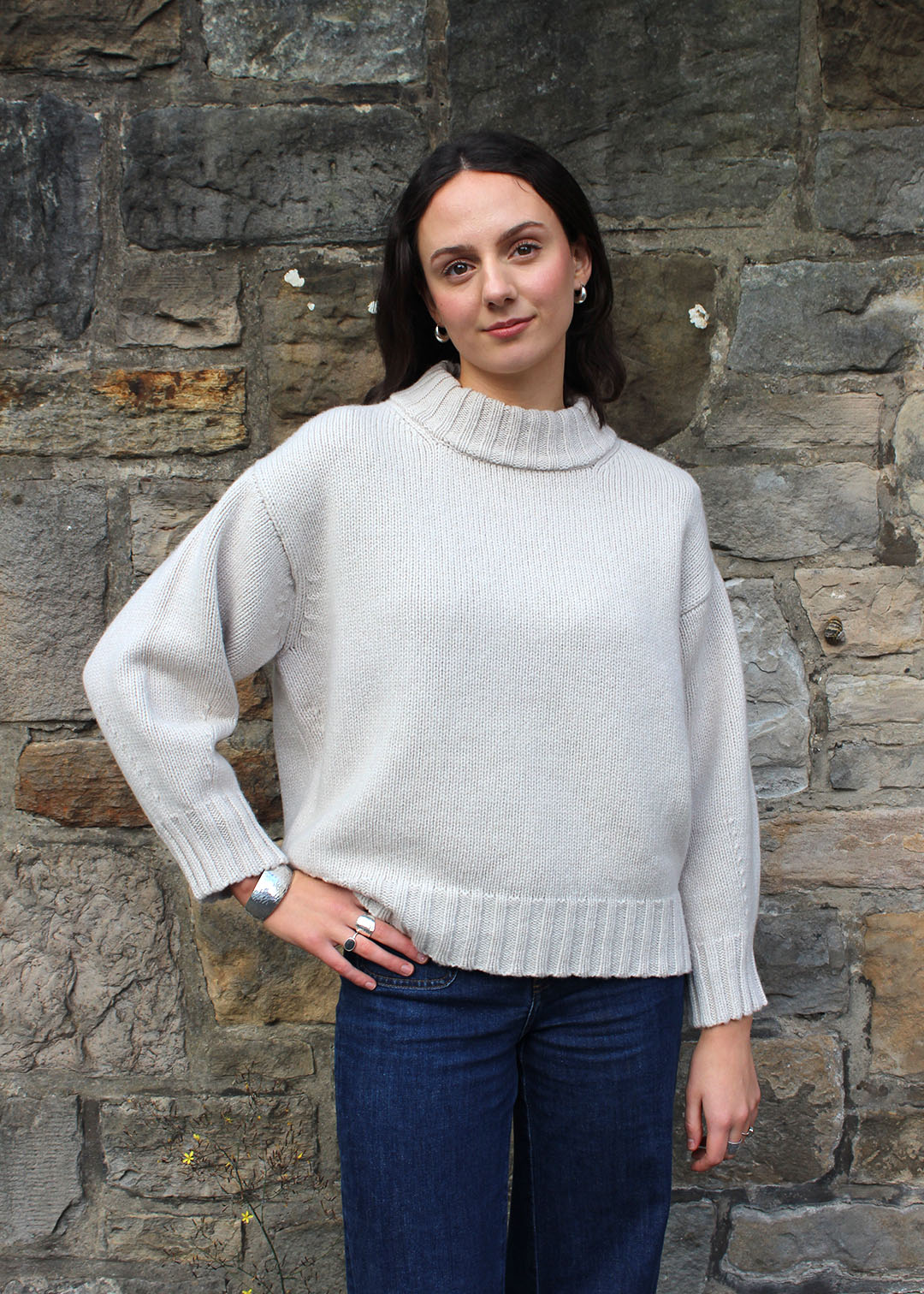 Lambswool swansdown chunky jumper shown on model. Scottish Textiles Showcase.