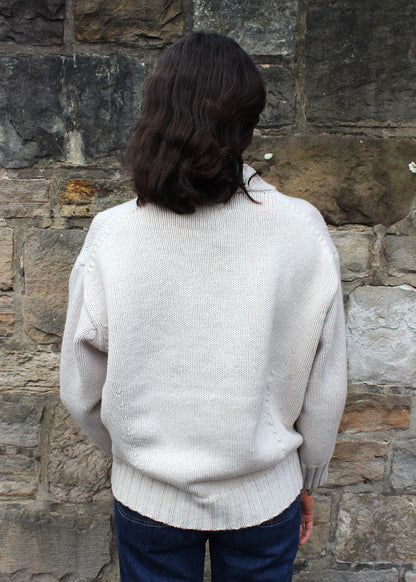 Lambswool swansdown chunky jumper shown on model. Scottish Textiles Showcase.