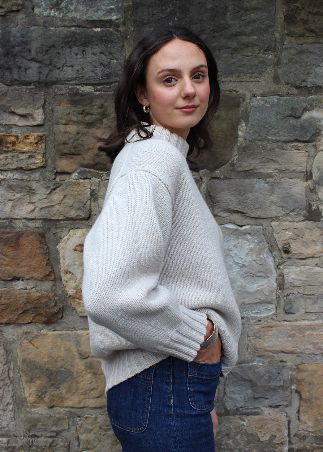 Lambswool swansdown chunky jumper shown on model. Scottish Textiles Showcase.