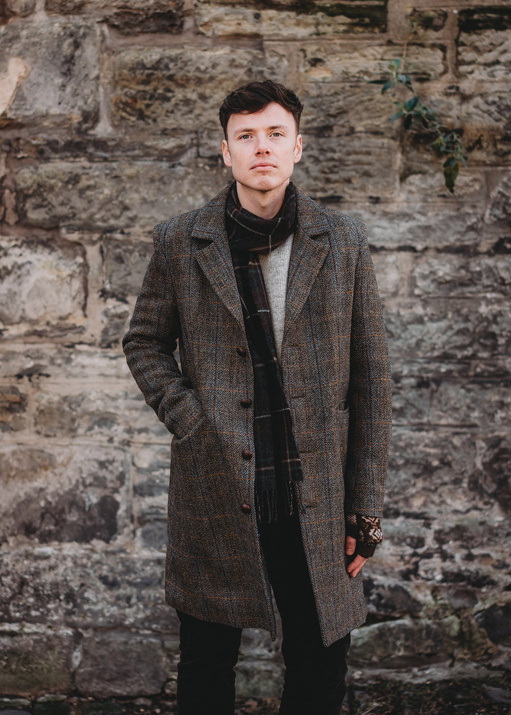 Men's pure wool Harris Tweed coat in a brown herringbone check.