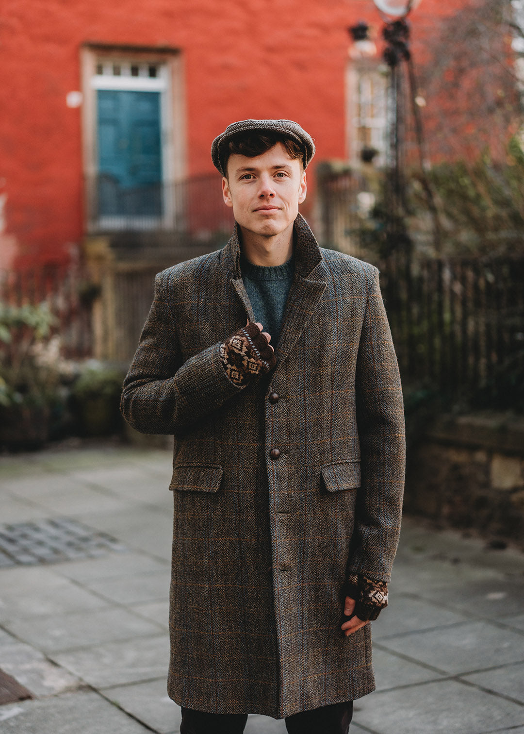 Men's pure wool Harris Tweed coat in a brown herringbone check.