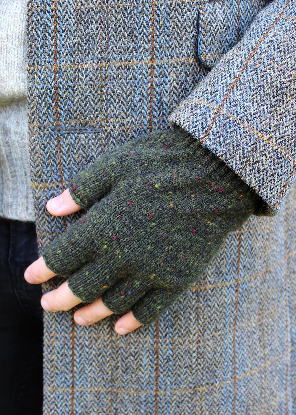 Donegal flecked wool fingerless mens gloves in ivy. Scottish Textiles Showcase.